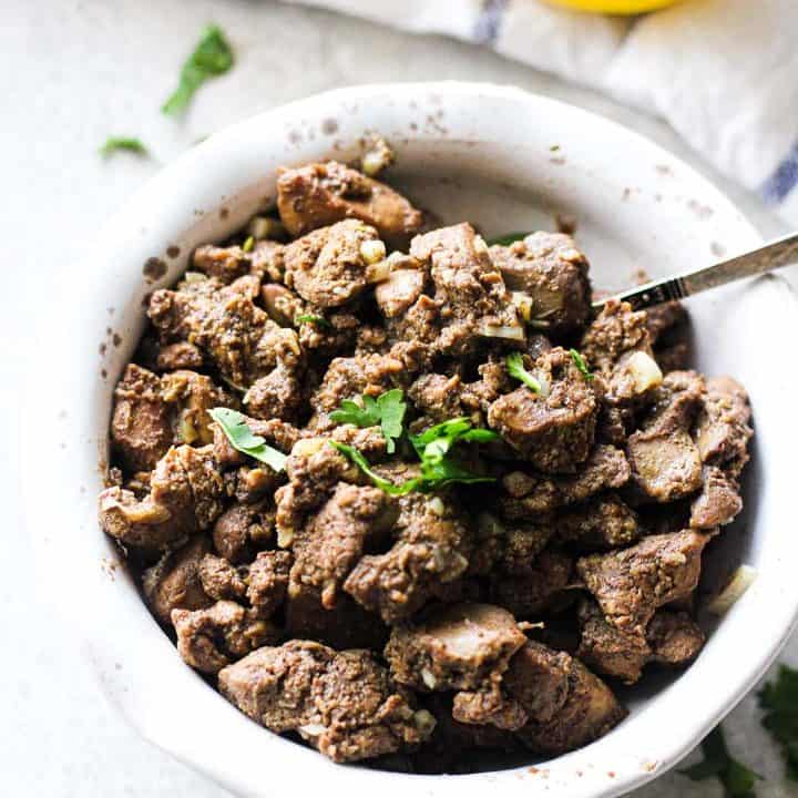 chopped chicken liver in the bowl