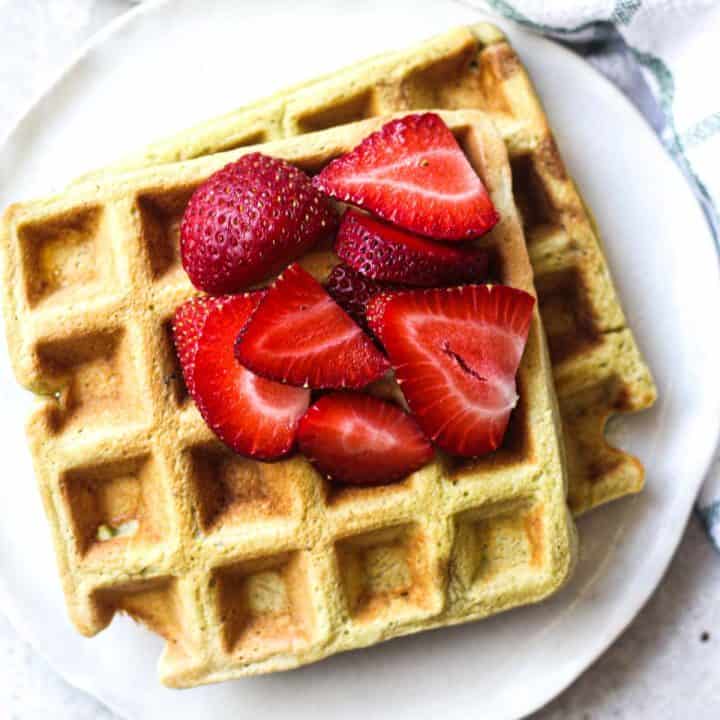 featured image of waffles with strawberries, top view