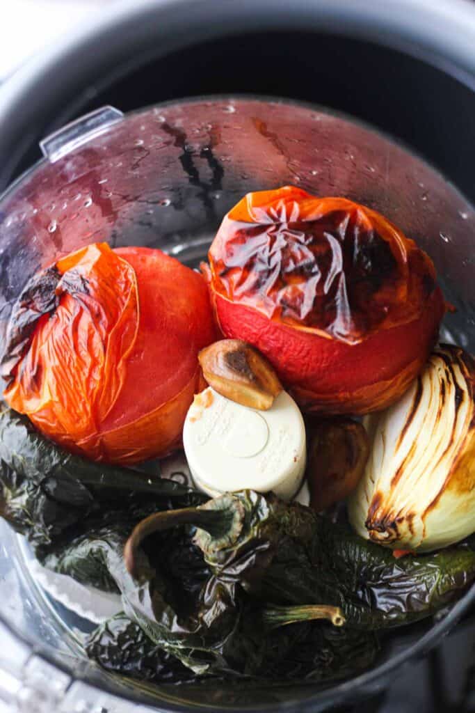 charred roasted veggies in food processor