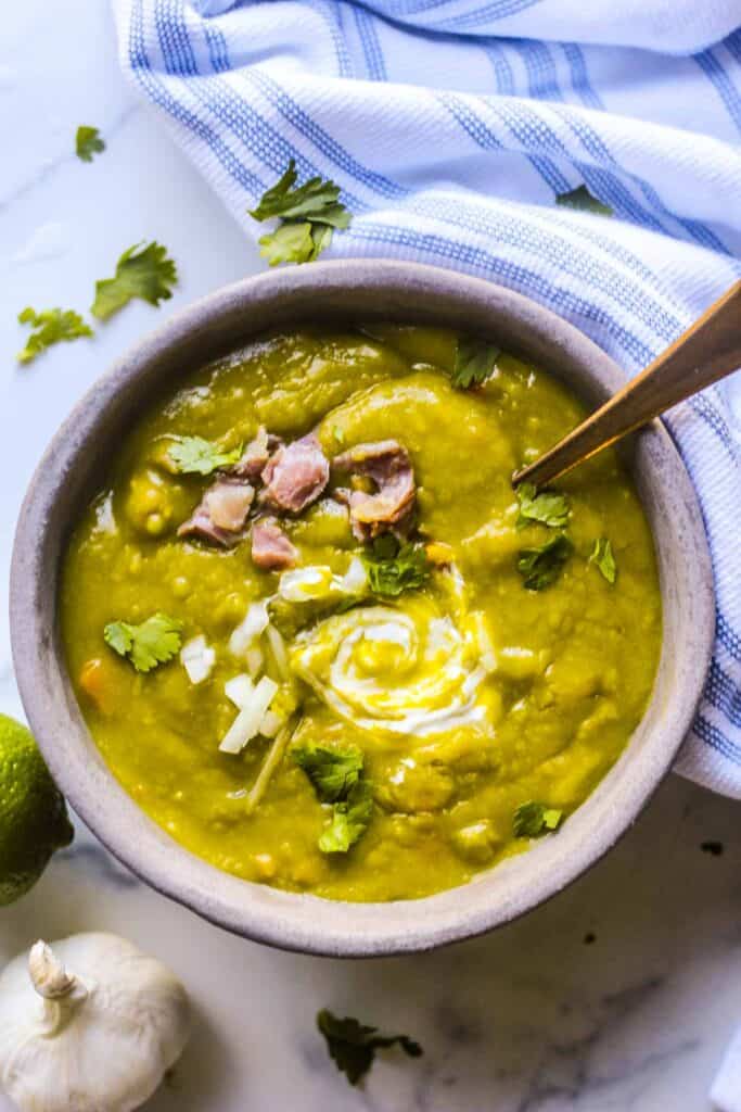 top view of ninja foodi split pea soup in a bowl