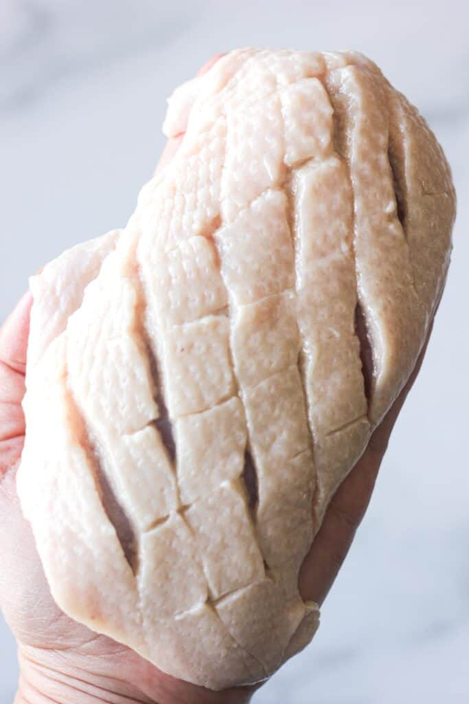 sliced duck breast skin in the diamant pattern