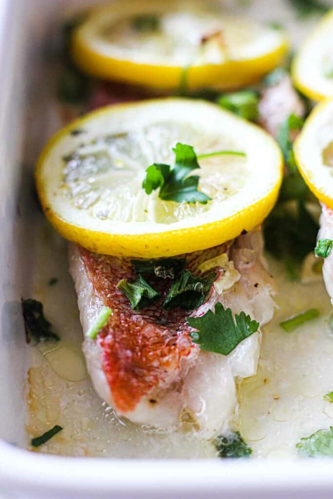  filetes de poleiro oceânico assados no forno com limão e coentro