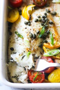 oven baked dorade with tomatoes, capers and lemon