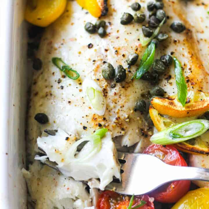 oven baked dorade with tomatoes, capers and lemon