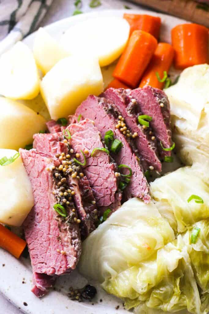 close picture on corned beef with vegetables