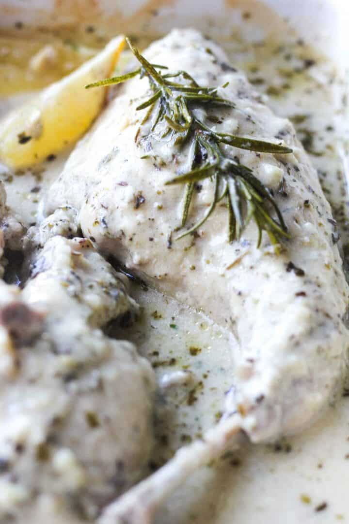 Italian style oven baked rabbit legs in cream garlic sauce - The Top Meal