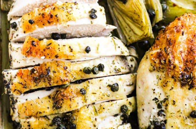 sliced chicken baked in the oven with skin on