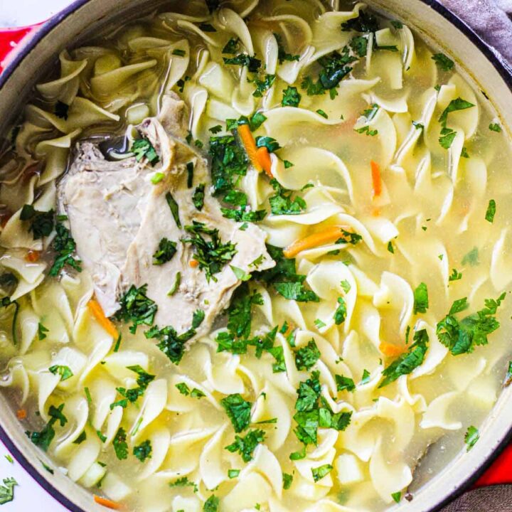 egg noodle soup in a large pot