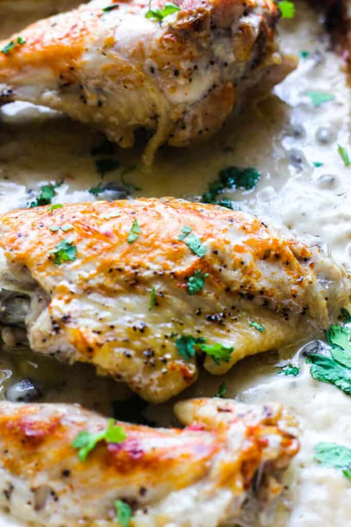 close photo of browned turkey wings in cream sauce