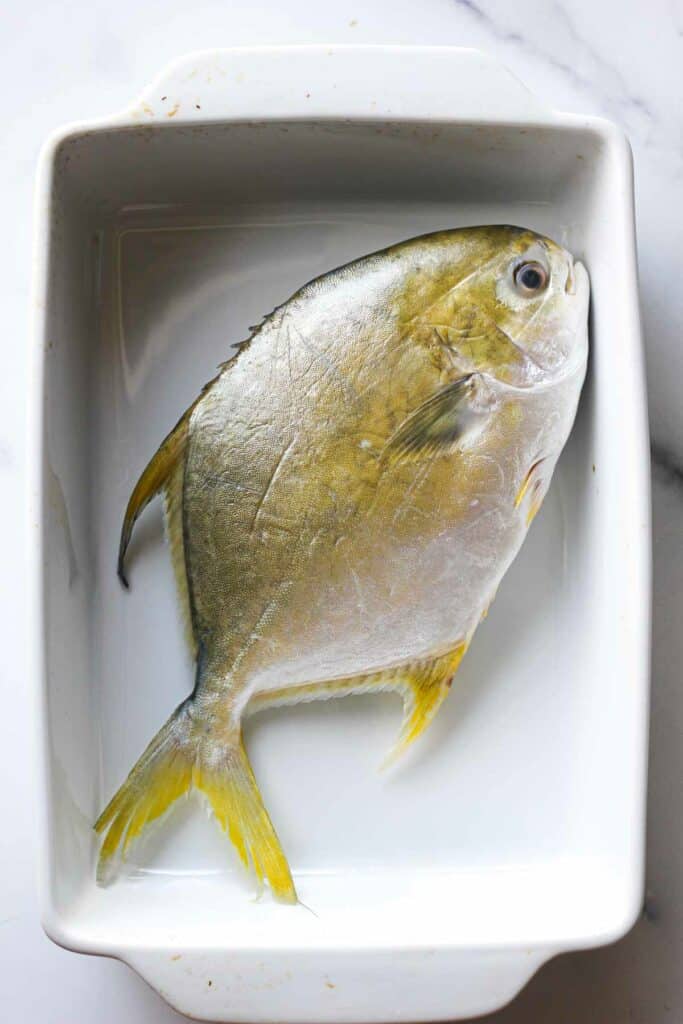 raw whole golden poampano in a baking dish before cooking