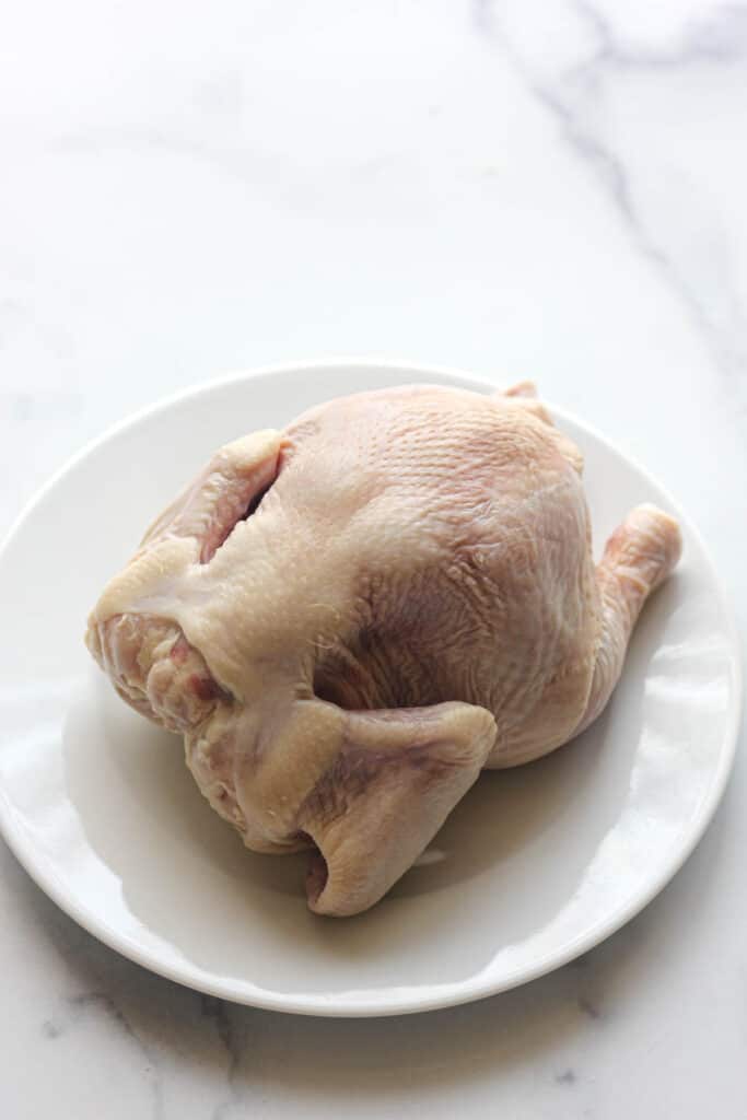 raw little cornish game hen on a white plate before cooking