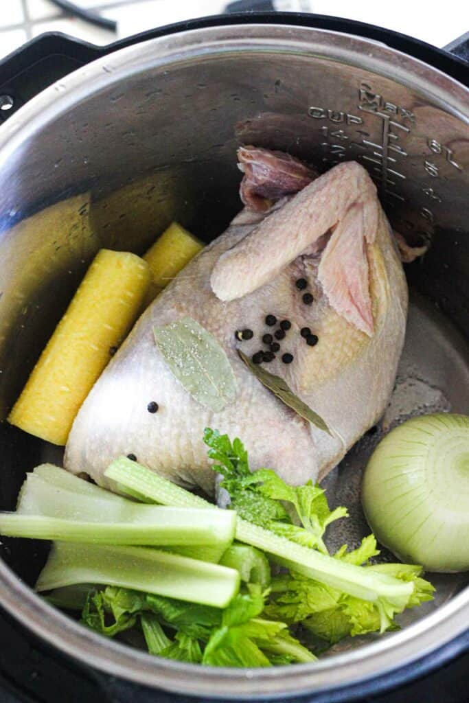 seasoned hen for a broth in a pot