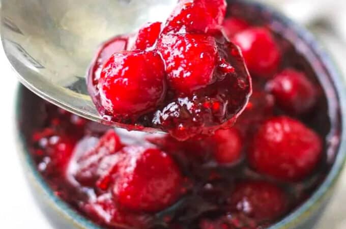 cranberry sauce in a blue tiny bowl
