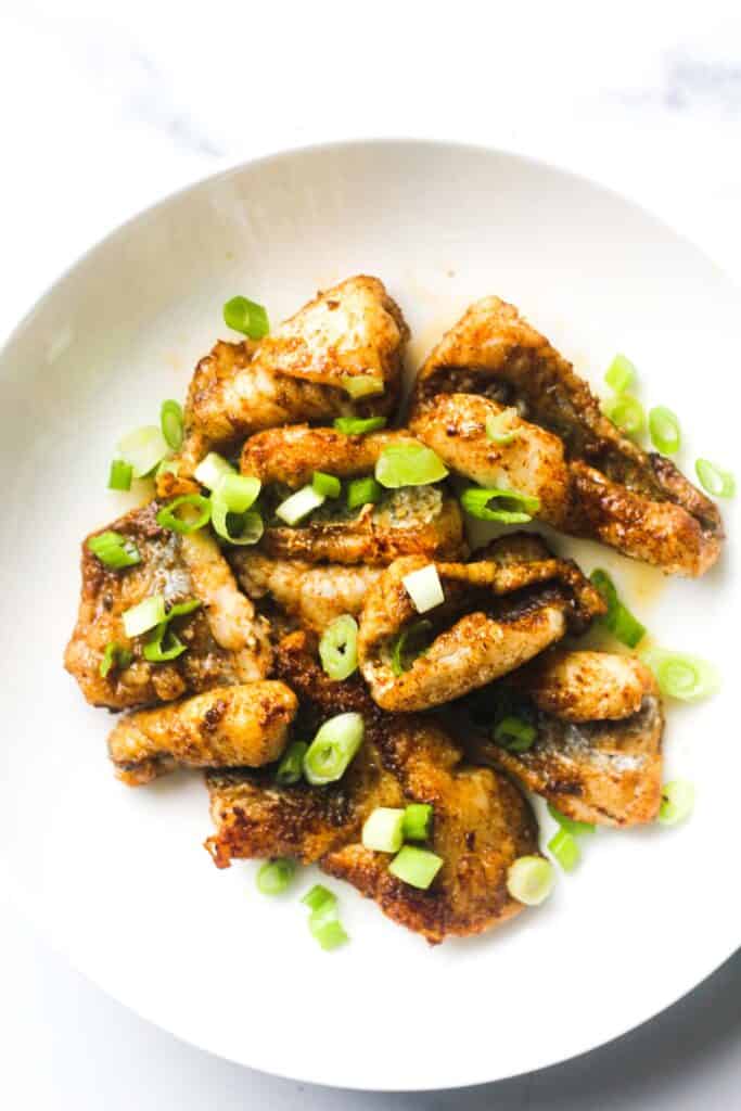 pan seared catish nuggets with green onions
