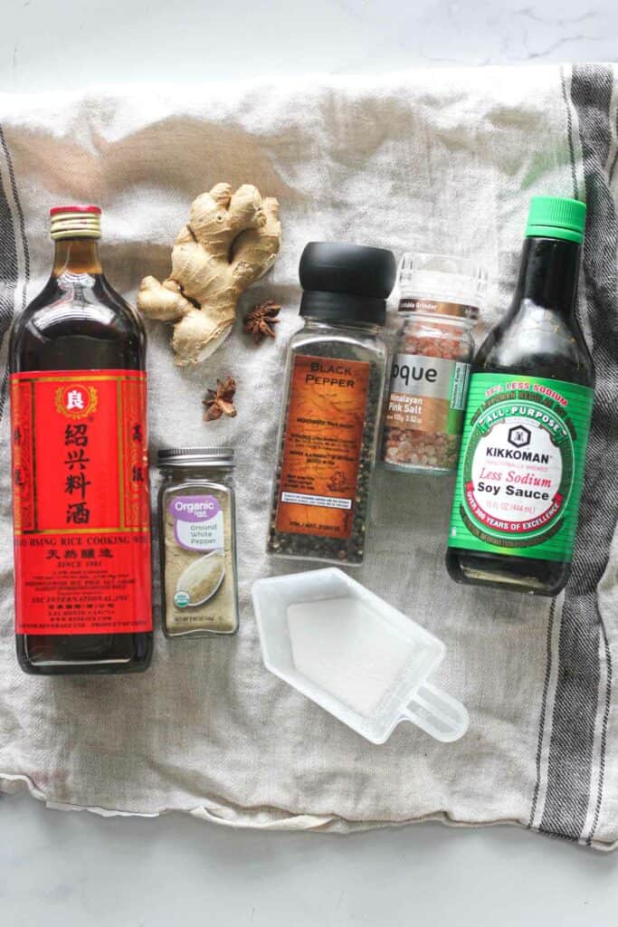 spices used in this recipe: chinese cooking wine, ginger, soy sauce, sugar and pepper