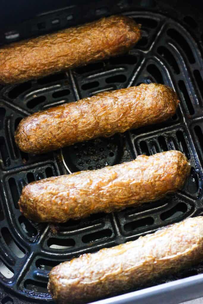 vegetarian sausages cooked in air fryer until golden brown