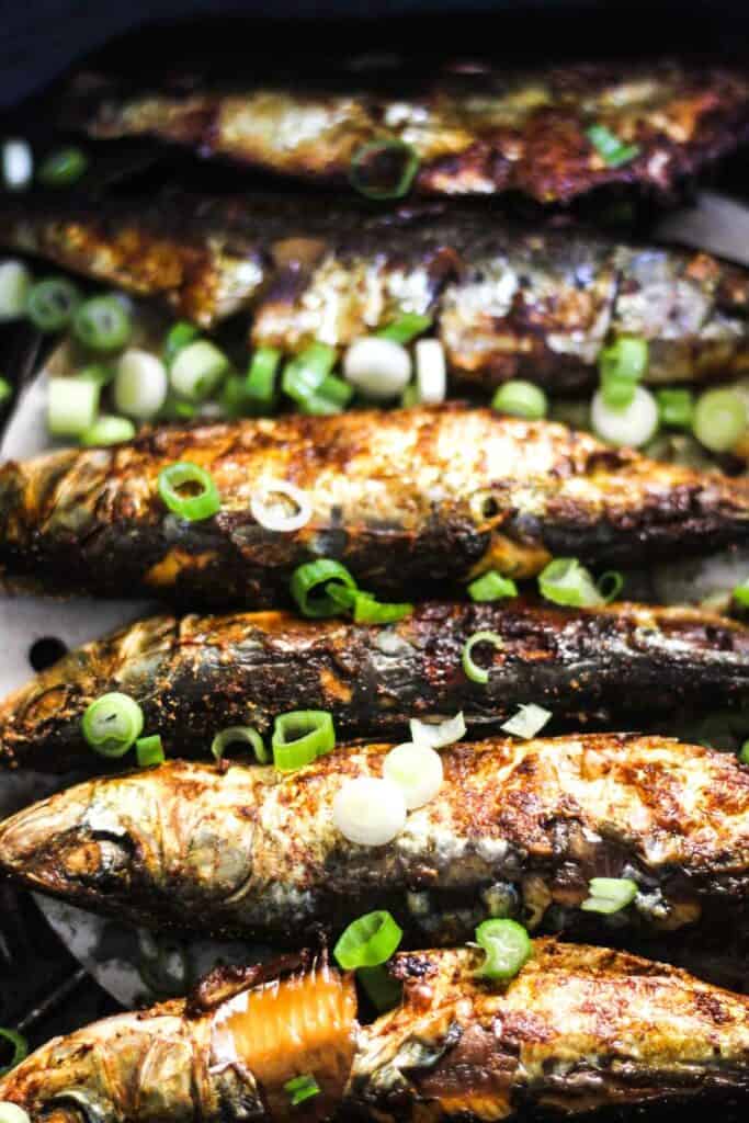 air fryer sardines with chopped green onions