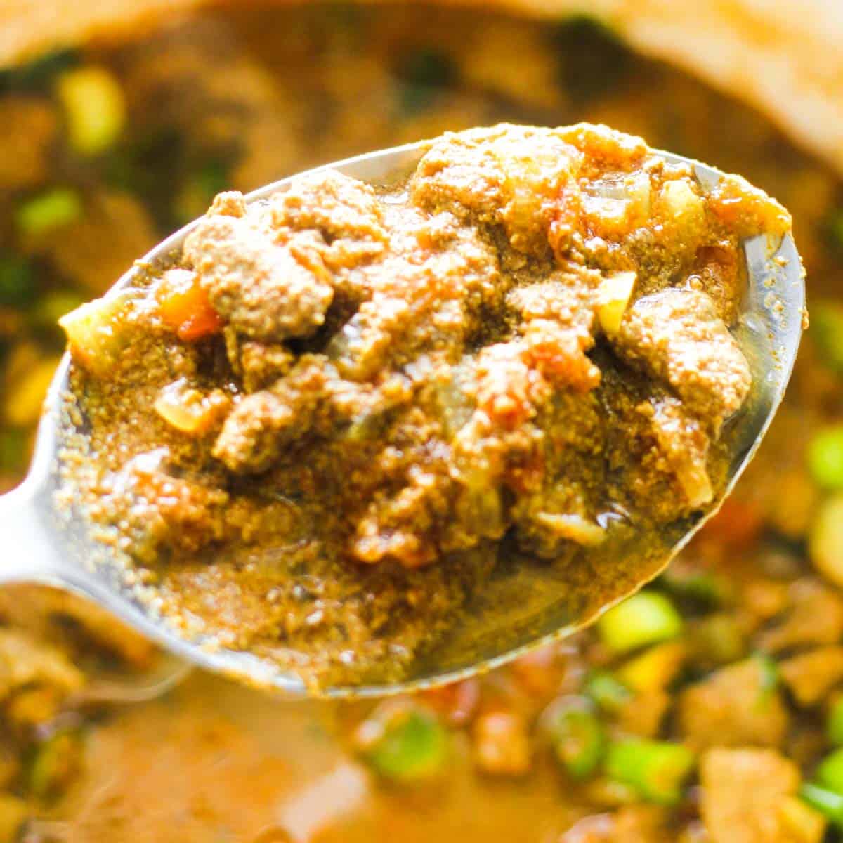 beef liver stew in a large scoop