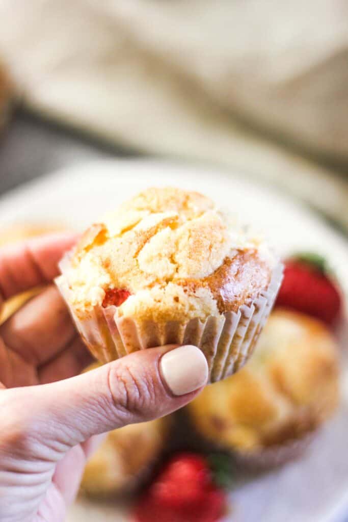 bisquick strawberry muffin in the hand