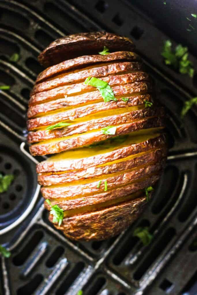 crispy Trader Joe's hasselback potatoes cooked to perfection in air fryer
