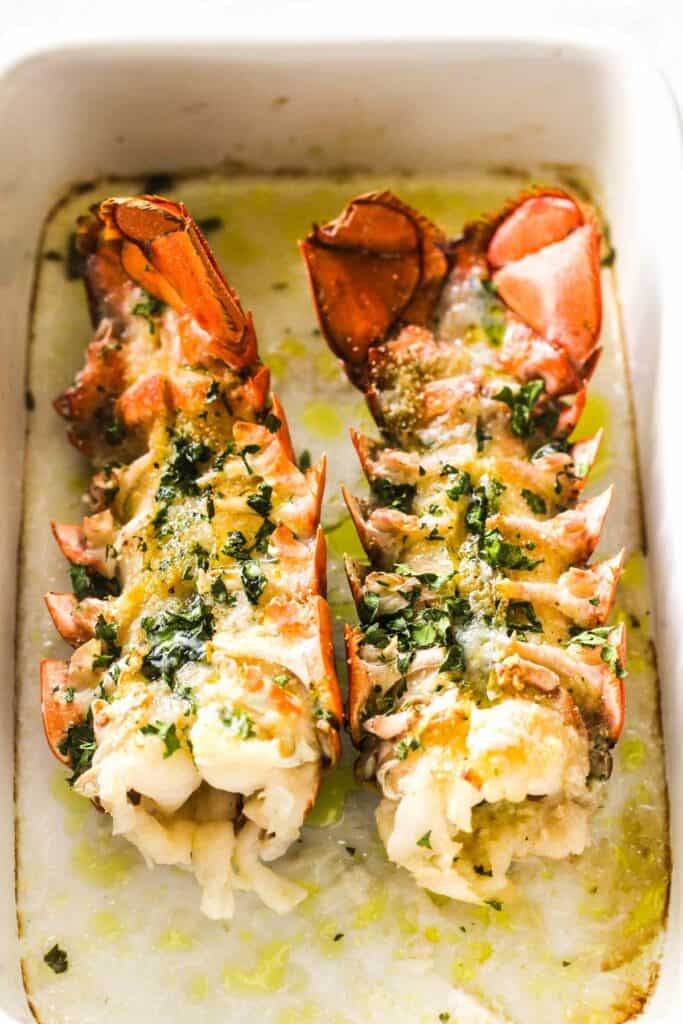 lobster oreganata in the baking dish