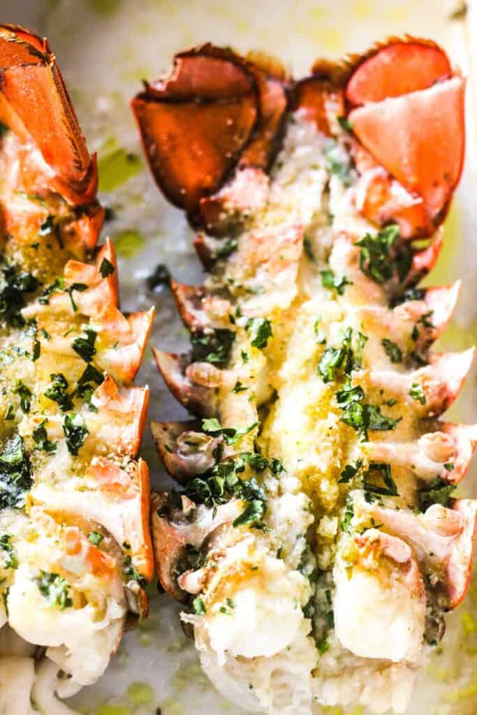 close picture of lobster tails oreganata with chopped italian parsley on top