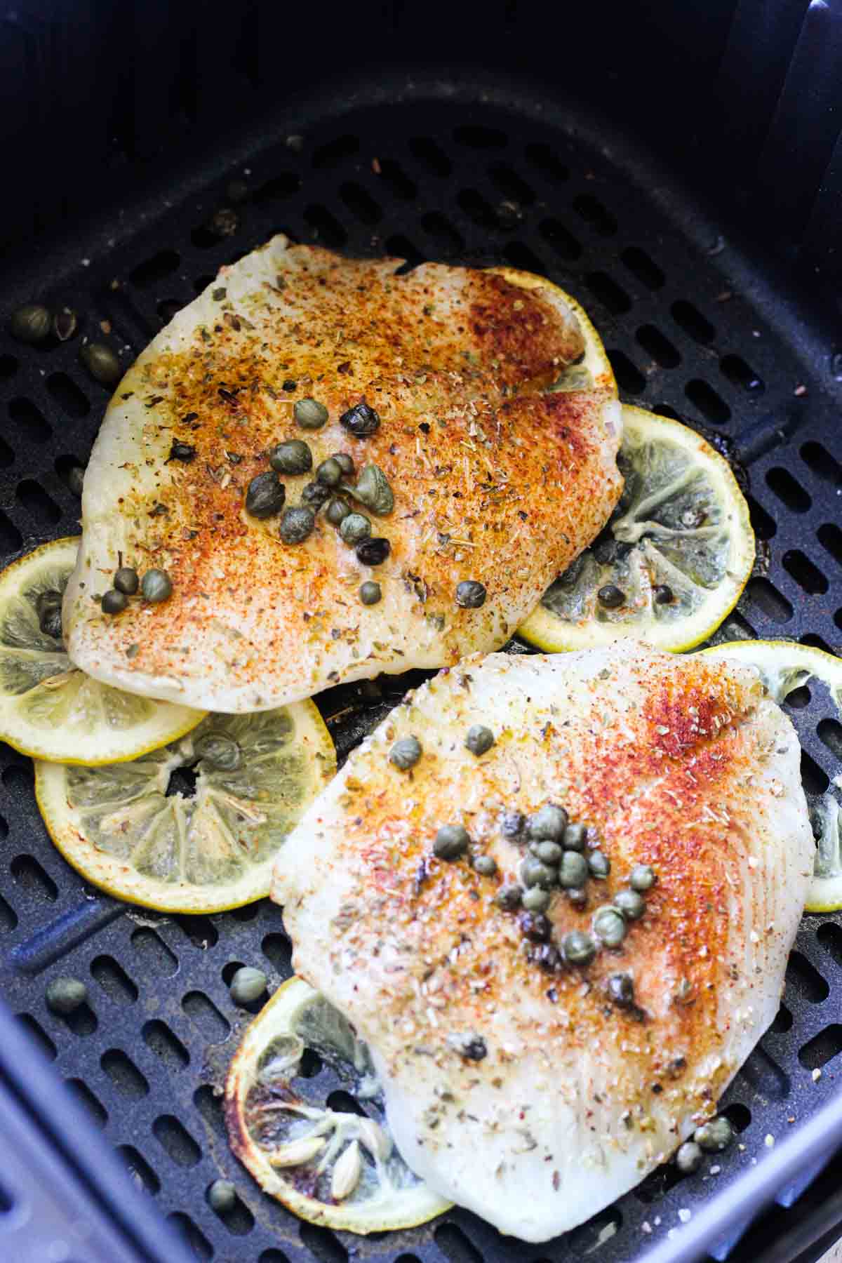 air frying flounder with seasoning and capers