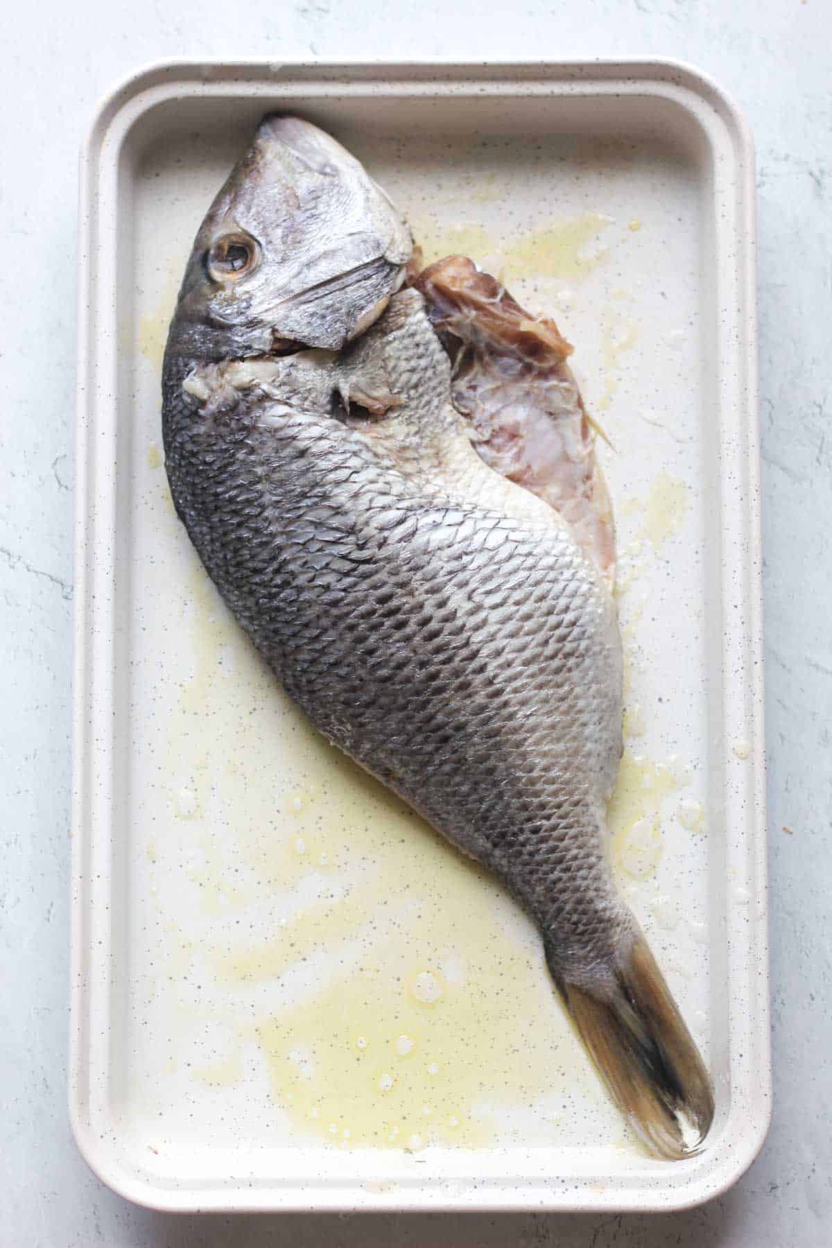 raw porgy fish in the baking dish