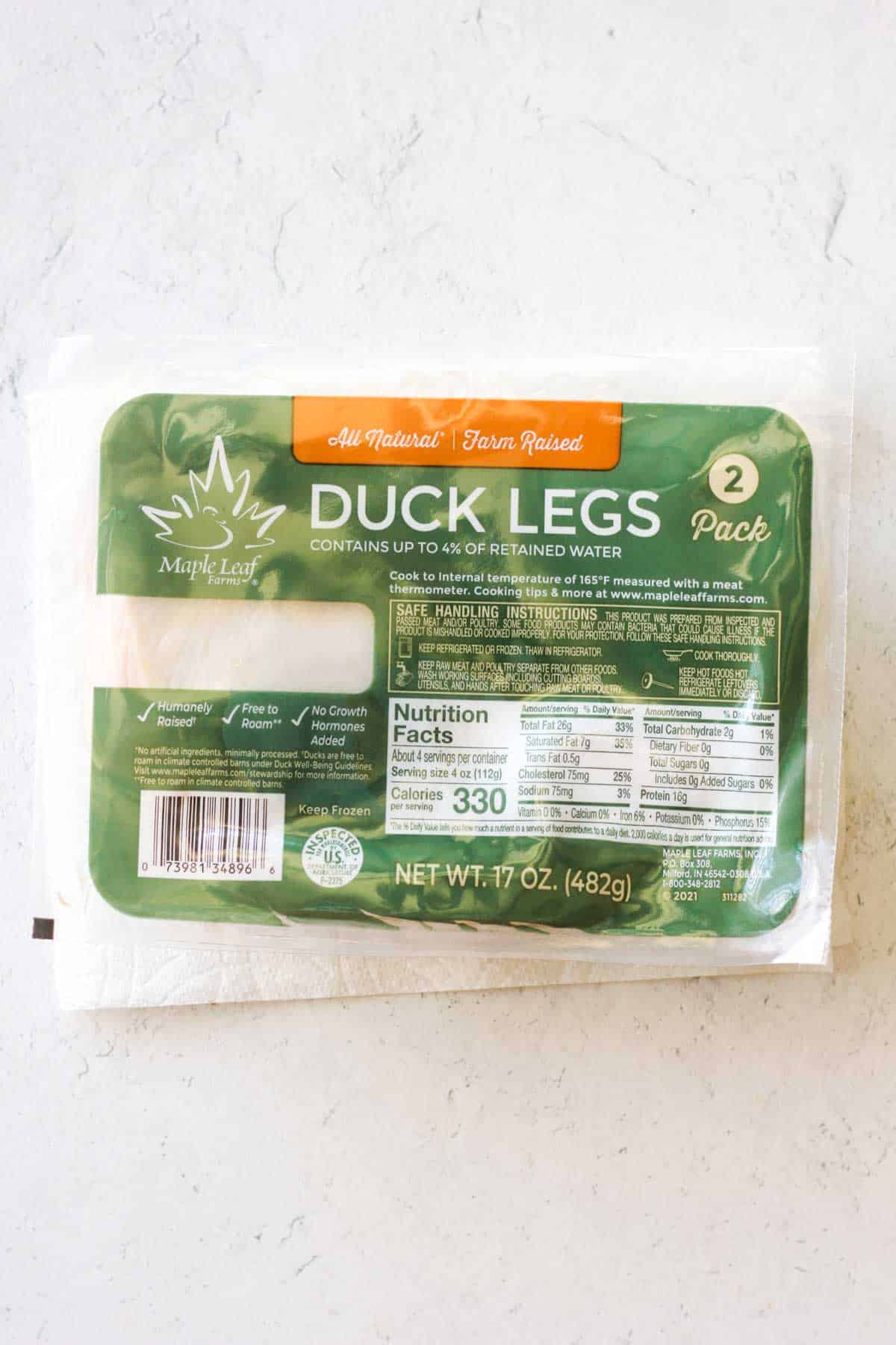 maple leaf plastic package of raw duck legs