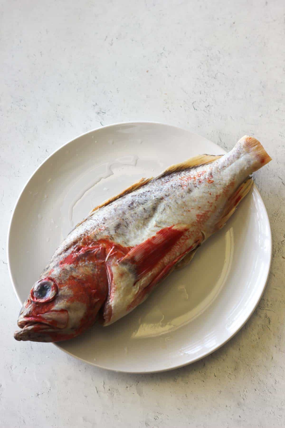 whole raw rockfish on the plate