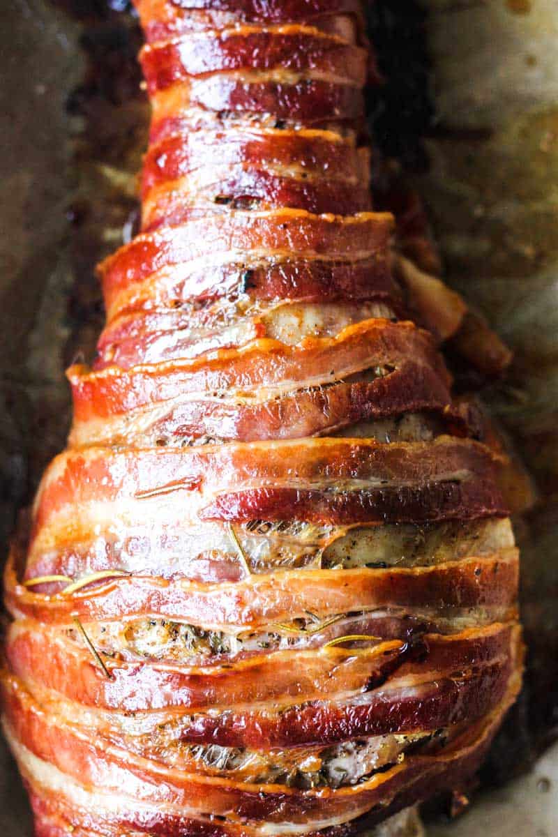 close picture of the turkey wrapped in bacon