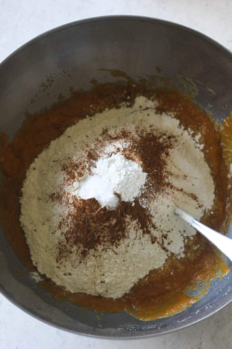 flour, baking powder and spices in the large bowl