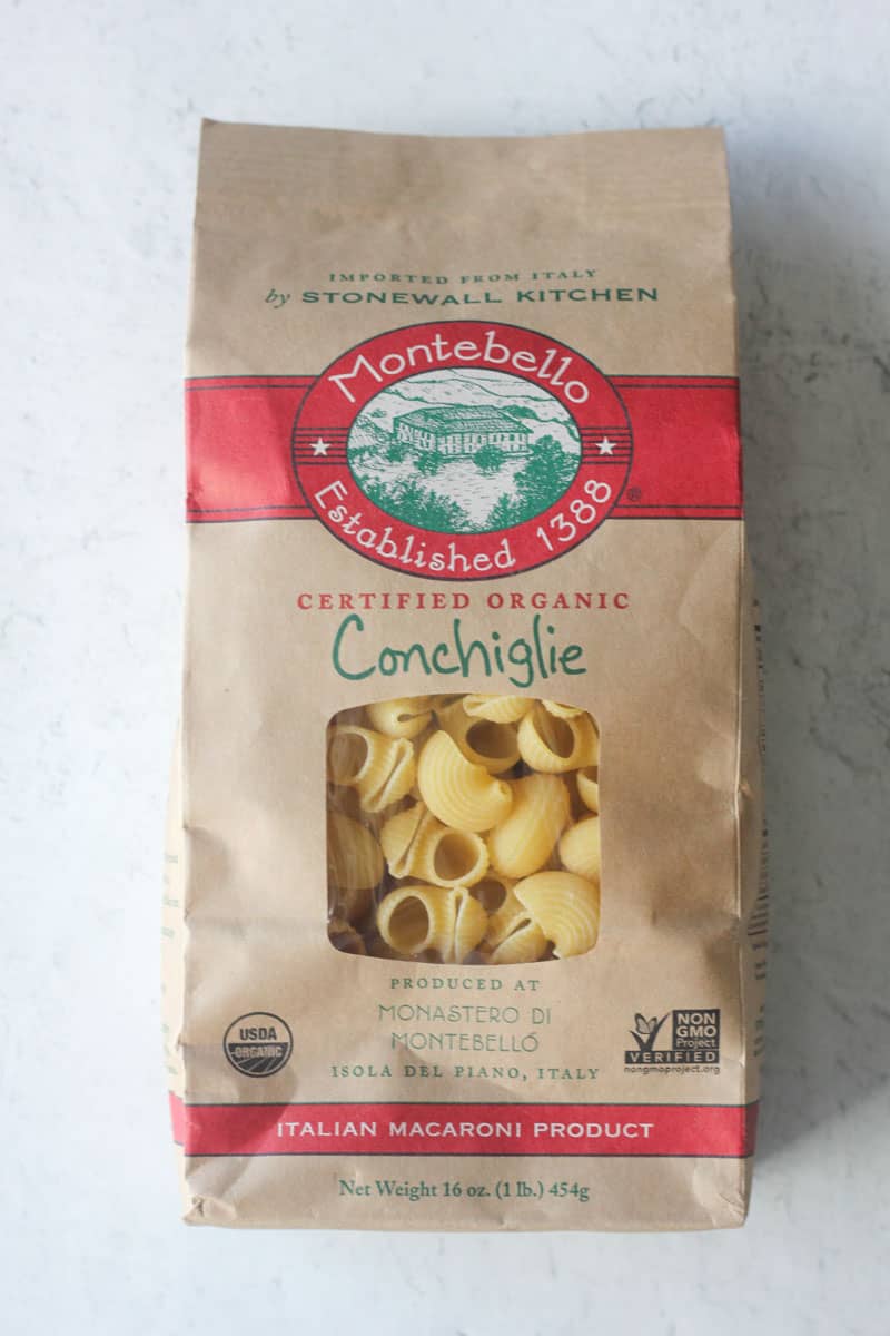 a package of organic conchiglie pasta on the table