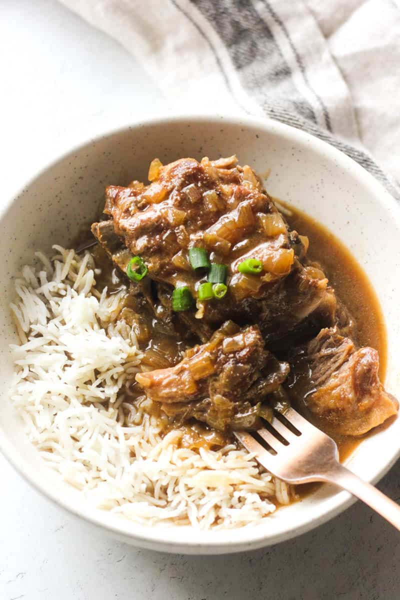 served pork dish with rice and chopped green onions