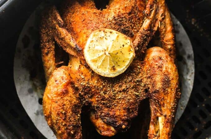 whole pheasant in air fryer with lemon slice on top