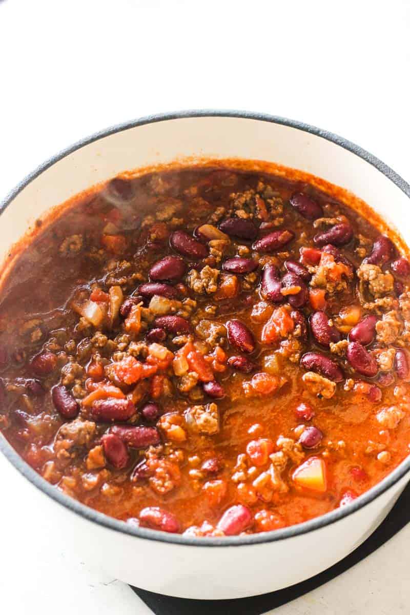cooked elk chili in white pot