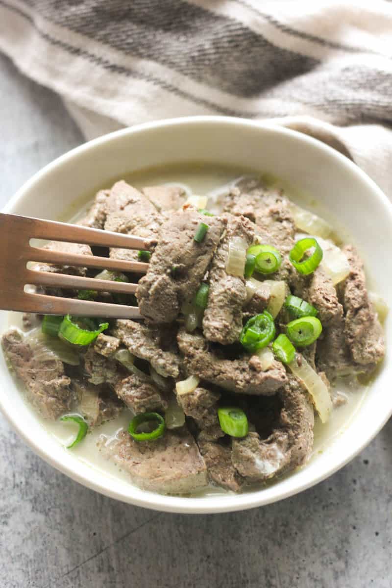 beef liver cooked in instant pot with chopped green onions on top