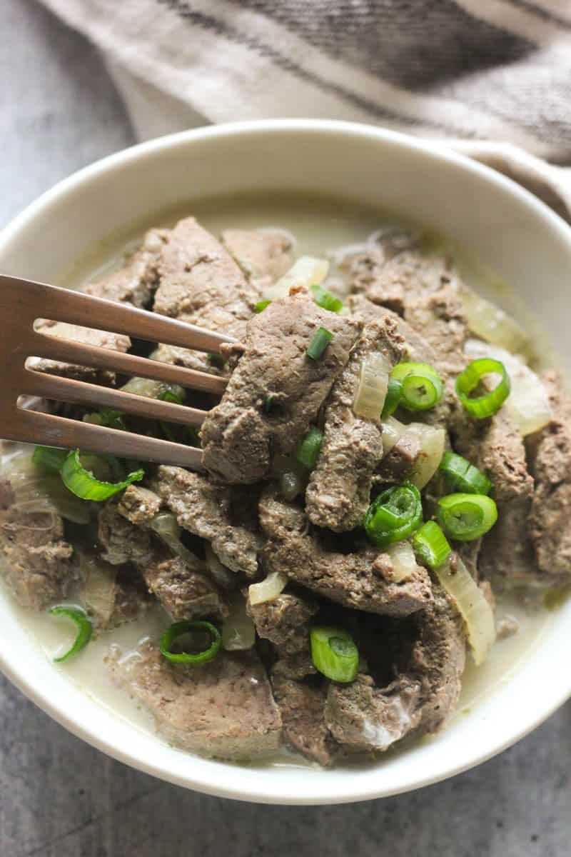 pressure cooker beef liver with greens on top