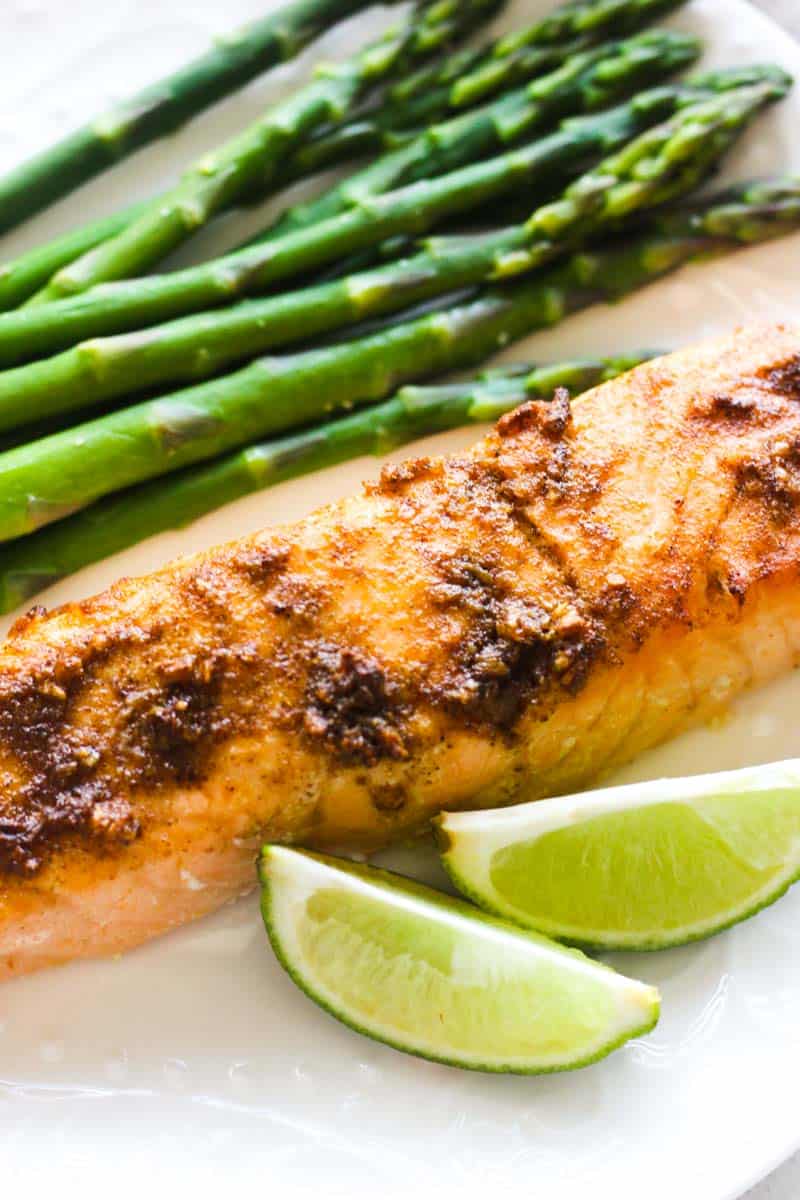 air fryer jerk salmon with asparagus and lime