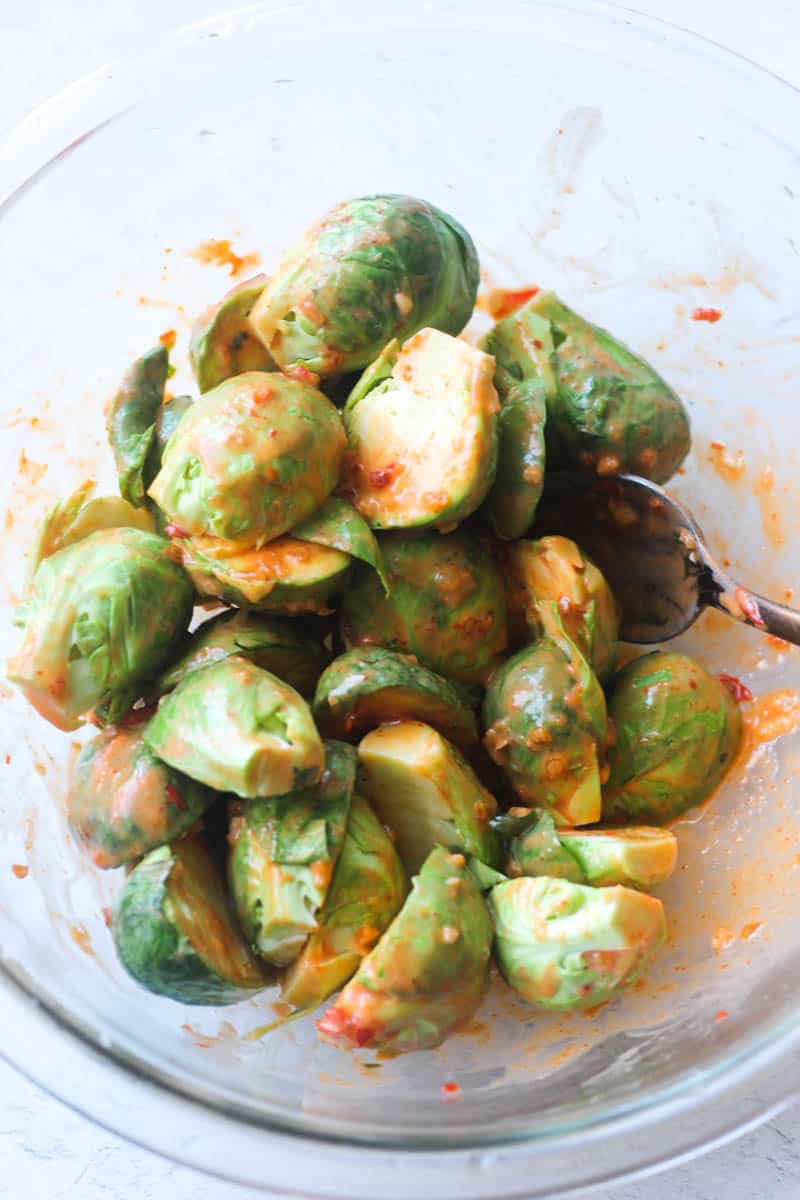 mixed brussels sprouts with bang bang red sauce
