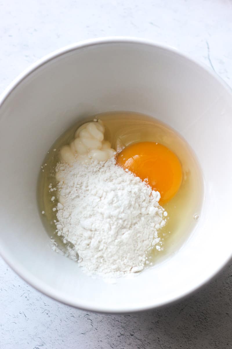 egg, flour and mayo in the small bowl