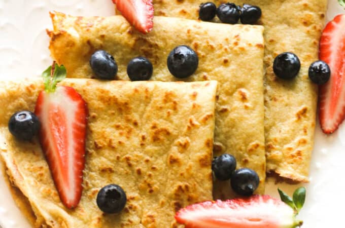 kodiak cakes crepes with strawberries and blueberries