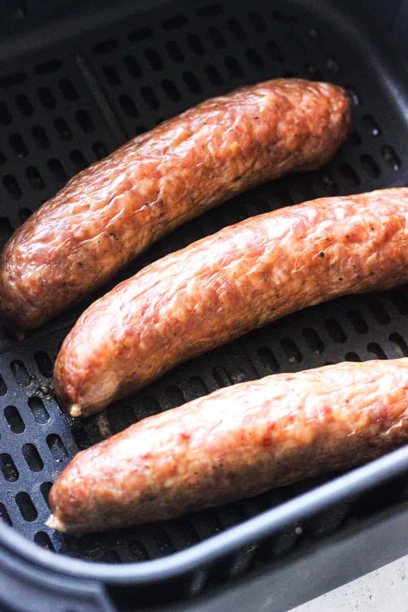 the photo shows how to cook alligator sausages in air fryer