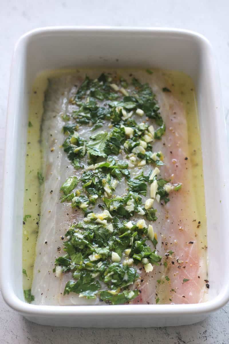 raw white fish fillet covered with marinade before cooking