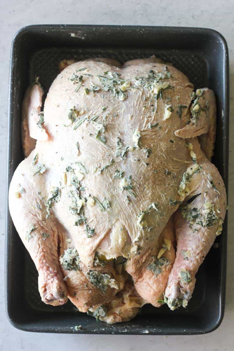 raw big bird covered with garlic butter in the baking dish