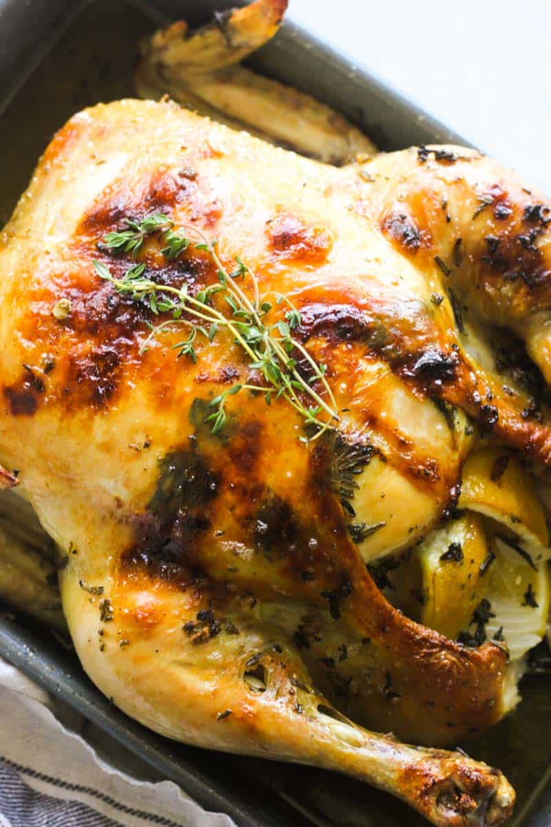whole roasted capon with garlic butter and lemon