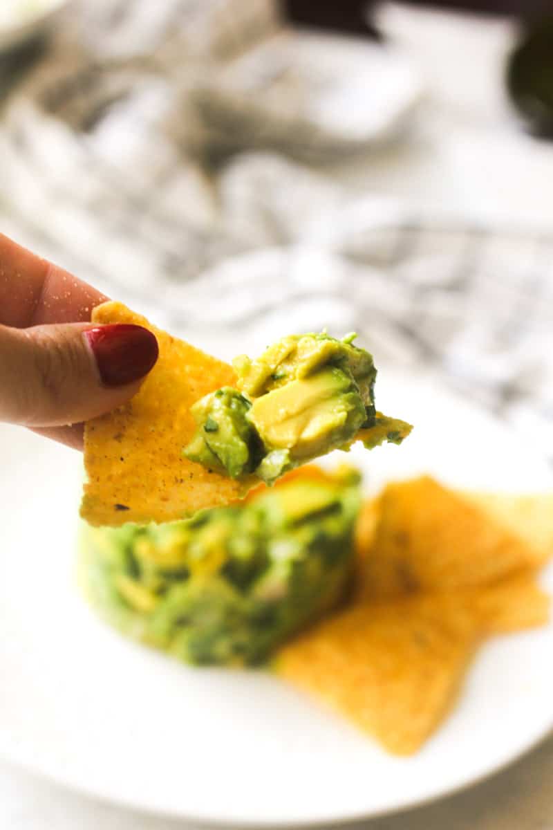 tortilla chip in hand with avocado on it