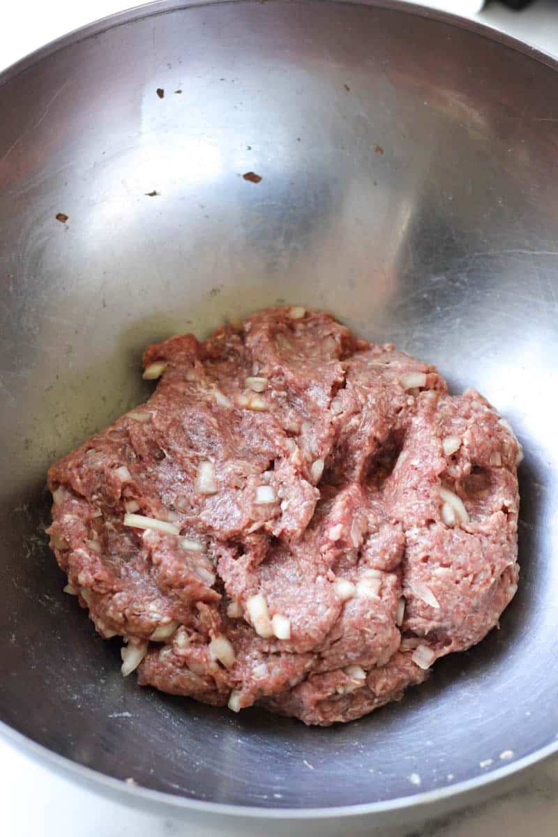 ground meat in a bowl with chopped onions
