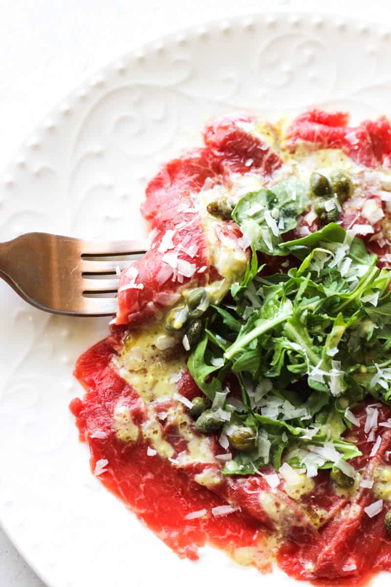 bison carpaccio with arugula, Parmesan and capers