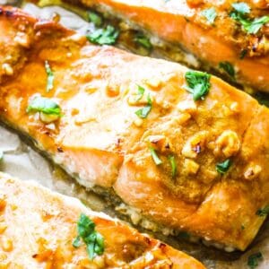 broiled salmon with skin covered with chopped cilantro